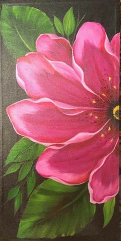 a painting of a pink flower with green leaves