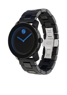 This bold watch features a black dial with cobalt blue sunray dots and hands. Its sharp composite material and stainless steel case combine to create a sleek look. | Movado Men's Bold Watch, Black Movado Bold, Movado Watch, Blue Face, Composite Material, Sleek Look, Samsung Gear Watch, Stainless Steel Case, Cobalt Blue, Cobalt