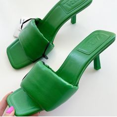 38/7.5 Goat Leather Heels: 3.1 In Green Open Heel Mules For Summer, Summer Green Open Heel Mules, Green High Heel Mules For Summer, Green Open Toe Mules For Spring, Trendy Green Open Toe Mules, Trendy Green Open-heel Mules, Green Square Toe Heels For Summer, Green Evening Mules For Summer, Green Summer Evening Mules