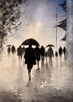 a painting of people walking in the rain with umbrellas