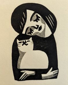 a black and white drawing of a woman holding a cat