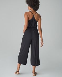 Why you’ll love it: Soft jersey knit and an effortless fit combine for one easy slip-on jumpsuit with support built in.  Details Medium support: under-bust support with removable cups for custom coverage. V-neck. Adjustable racerback spaghetti straps. Ruching at back straps. 95% rayon, 5% spandex. Machine wash. Imported. Inseam 22 3/4" Online Exclusive. Loungewear Jumpsuits With Adjustable Spaghetti Straps, Loungewear Jumpsuits And Rompers With Spaghetti Straps, Spaghetti Strap Jumpsuits For Loungewear, Chic Strapless Elastane Jumpsuit For Summer, Chic Strapless Jumpsuit For Summer, Chic Summer Strapless Elastane Jumpsuit, Summer Yoga Jumpsuits And Rompers In Elastane, Casual Seamless Jumpsuits And Rompers For Summer, Seamless Yoga Jumpsuit For Summer