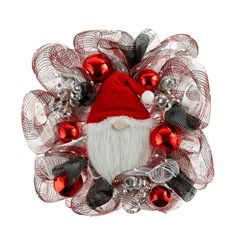 a red and white wreath with a santa clause on it