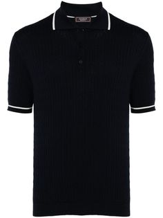 navy blue cotton ribbed knit striped edge short front button fastening polo collar short sleeves straight hem Navy Short Sleeve Tops With Ribbed Collar, Navy Short Sleeve Top With Ribbed Collar, Navy Short Sleeve Polo Shirt With Ribbed Collar, Navy Short Sleeve Polo Sweater With Ribbed Collar, Classic Collared Polo Sweater With Contrast Stripes, Classic Striped Polo Sweater With Polo Collar, Classic Short Sleeve Polo Sweater With Striped Collar, Classic Striped Polo Sweater With Ribbed Collar, Ribbed Polo Shirt For Work