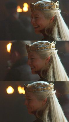 a woman with long blonde hair wearing a crown