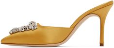 Satin slip-on heels in yellow. · Pointed toe · Crystal-cut accents at vamp · Logo patch at grained leather footbed · Covered stiletto heel with rubber injection · Leather sole · Heel: H3.5 in Supplier color: Mora Yellow Round Toe Heels For Wedding, Luxury Gold Slip-on Heels, Elegant Slip-on Mules With Heel Strap, Yellow High Heel Mules For Party, Luxury Slip-on Heels With Heel Strap, Luxury Slip-on Heels For Evening, Elegant Gold Closed Toe Mules, Elegant Yellow Closed Toe Heels, Designer Slip-on Heels With Sculpted Heel