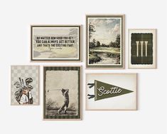 four framed pictures with golf related items on them