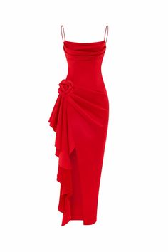 a women's red dress with ruffles on the side