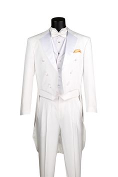 New White Full Dress Tuxedo Tailcoat, Pants and Vest Regular Fit Satin Notch Lapels 6 Button Front White Fixed Waist Pleated Pants Traditional Tuxedo Stripe on the leg White 5 Button Vest w/ Lapels Luxurious Wool Feel - Polyester / Rayon Dry Clean Only New With Tags White Tuxedo Shirt and White Bow Tie sold separately. Tuxedo Tailcoat, Traditional Tuxedo, Dress Tuxedo, Homecoming Suits, Quinceañera Ideas, White Tux, Black And White Suit, Designer Formal Dresses, Button Vest