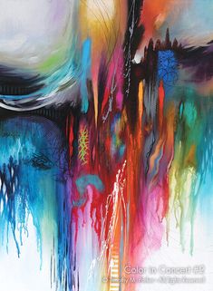 an abstract painting with multicolored paint streaks