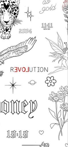 a drawing of a leopard and flowers with the words revolution written in black on it