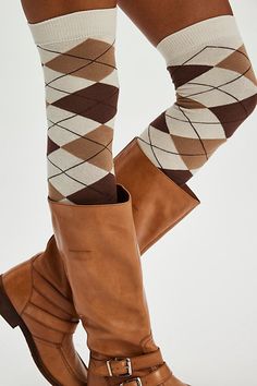 Designed to add the perfect touch of prep to any style, these forever staple socks are featured in an over-the-knee silhouette with timeless argyle printing throughout for a forever classic finish. | Prep School Knee High Socks by Free People in Brown Brown Socks For Fall Stocking Stuffer, Classic Mid-calf Fall Socks, Classic Fitted Knee-high Socks For Fall, Classic Fall Socks, Classic Brown Socks For Fall, Classic Fitted Socks For Fall, Prep School, Knee High Socks, Boho Clothing