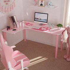 This L-shaped gaming desk features a charming pink hue playfully accented with paw prints for a whimsical look we love. It's made from engineered wood and sits on a stainless steel base also outfitted in a complementary pink. Ideal for multiple monitors, the expansive desktop also boasts space for your mousepad as well as a scratch-resistant design that can stand up to everyday use. Cable management cutouts make it easy to keep cords corralled, while the finished back means you can add it anywhe Pink Gaming Desk, L Shaped Corner Desk, L Shape Desk, Pink Desk, Pink Room Decor, Desk Wood, Desk Height, Cute Bedroom Ideas, Under Desk