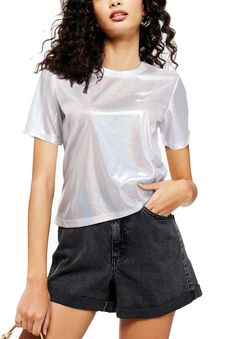 PRICES MAY VARY. 🌠 Party costume/ Disco Costume >>> Features: Shiny Holographic Fabric, Slightly Baggy, Round Neck, Loose Short Sleeves, Lightweight, The combination of all these striking designs will make you stylish and eye-catching. 🌠 Loose design, very comfortable to wear. This style of shirt is very dazzling, whether it is walking in the street under the sun, or sitting under the neon lights can reflect different charm. Always keep shiny on you. 🌠 All over shiny holographic fabr Holographic Shirt, Glitter Blouse, Holographic Fabric, Disco Costume, Bauchfreies Top, Metallic Blouses, Disco Outfit, Mamma Mia, Amazon Women