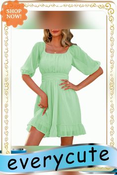 Light Green Square Neck Back Lace-up Chiffon Dress Solid Color Chiffon Mini Dress, Elegant Green Chiffon Summer Dress, Green Chiffon Dress With Ruffles, Flowy Square Neck Chiffon Dress, Green Fitted Chiffon Dress, Fitted Green Chiffon Dress, Knee-length Green Chiffon Dress For Summer, Green Knee-length Chiffon Summer Dress, Green Knee-length Chiffon Dress For Summer