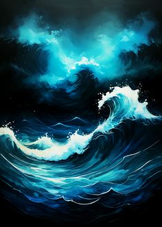 an ocean painting with blue waves and white foam on the water, as well as dark clouds