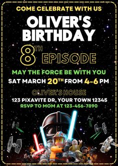 a star wars birthday party flyer with legos and lightsabens on the background