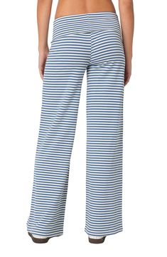 Enjoy all the maximums—ease, comfort and style—in these knit pants designed with a fold-over waistband and fun-forward horizontal stripes. Pull-on style 45% cotton, 45% polyester, 10% spandex Machine wash, dry flat Imported Striped Straight Leg Bottoms With Elastic Waistband, Striped Stretch Pants For Loungewear, Stretch Striped Pants For Loungewear, Blue Wide Leg Pants With Vertical Stripes, Spring Blue Bottoms With Striped Hem, Blue Bottoms With Striped Hem For Spring, Casual Stretch Bottoms With Striped Hem, Casual Wide Leg Bottoms With Striped Hem, Striped Wide Leg Loungewear Bottoms