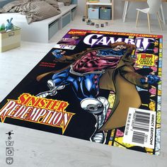 an area rug with comic covers on it