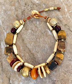 Bohemian Choker Necklace Chunky Tiger's Eye Stone, Copal, African Brass Beads