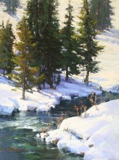 a painting of snow covered ground with trees in the background and water running through it