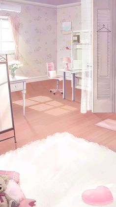 a teddy bear sitting on top of a bed in a room with pink walls and furniture