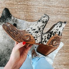 Tooled Leather and Cowhide Ankle Booties - Etsy Cow Hide Ankle Boots, Western Wedding Shoes Bride, Cowhide Shoes, 2023 Clothes, Ankle Cowboy Boots, Clothes Board, Bota Country, Womens Booties, Western Shoes