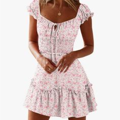 Women's Summer Ruffle Sleeve Sweetheart Neckline Printing Dress Mini Dress Sweet Sleeveless White Mini Dress, Sweet Ruffled Beach Dresses, Sweet Spring Vacation Dress, Sweet Spring Vacation Dresses, Sweet Ruffle Dress For Brunch, Casual Dresses With Sweetheart Neckline For Garden Party, Sweet Ruffled Dress For Brunch, White Sweet Mini Dress For Summer, Cute Mini Dress With Ruffles And Sweetheart Neckline