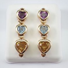 Vintage 14k Yellow Gold Gemstone Heart Earrings Colorful Dangle Amethyst Blue Topaz Citrine Unique Estate Jewelry - Etsy Elegant Multicolor Heart Cut Jewelry, Yellow Gold Heart Cut Multi-stone Jewelry, Heart Cut Multi-stone Yellow Gold Jewelry, Elegant Multi-stone Heart Cut Jewelry, Earrings Colorful, Hand Ring, Heart Gemstone, Gia Certified Diamonds, Conflict Free Diamonds