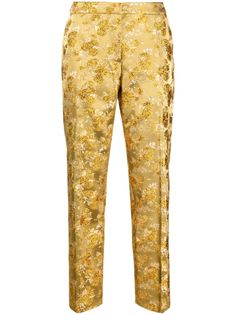 floral-jacquard cropped trousers from DRIES VAN NOTEN featuring gold-tone, patterned jacquard, lurex detailing, mid-rise, concealed front fastening, two diagonal pockets to the sides, two rear welt pockets and cropped leg. This item is in size 40 and the color is Gold Elegant Gold Silk Bottoms, Gold Silk Bottoms For Party, Chic Spring Jacquard Bottoms, Chic Jacquard Bottoms For Spring, Spring Chic Jacquard Bottoms, Luxury Gold Formal Bottoms, Elegant Floral Print Pants For Party, Elegant Floral Print Party Pants, Elegant Jacquard Bottoms For Spring