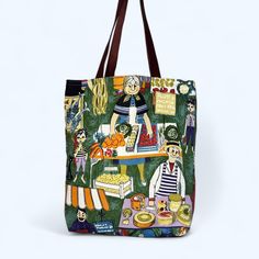 Step back in time with this unique tote bag, handcrafted from authentic vintage Moygashel 'Bon Marché' fabric from 1950s or 60s,  The charming fabric is decorated with a market scene featuring cheesemongers and fishmongers. This one-of-a-kind piece combines retro charm with modern functionality, making it the perfect accessory for any vintage lover. Key Features: Vintage Fabric:  The exterior is made from carefully selected vintage Irish Moygashel fabric from the 1950s/60s, ensuring each bag is Retro Canvas Satchel For Daily Use, Retro Satchel Canvas Bag For Daily Use, Retro Large Capacity Canvas Bag For Everyday Use, Eco-friendly Upcycled Bags For Daily Use, Vintage Canvas Bag With Large Capacity For Everyday Use, Vintage Rectangular Canvas Bag For Everyday Use, Vintage Everyday Tote Bag, Vintage Canvas Bag With Double Handle For Daily Use, Vintage Large Capacity Bags For Shopping