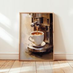 a painting of a cup of coffee being filled with liquid