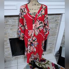 Anthropologie X Fig & Flower Floral Farm Ruffle Lantern Sleeve Peasant Dress L Brand New With Tags Attached Please See Pictures For Details Total Farm Rio Vibes Red Bohemian Floral Dress For Spring, Bohemian Red Floral Dress For Spring, Red Bohemian Floral Dress, Red Bohemian Floral Dress For The Beach, Bohemian Red Floral Beach Dress, Flowy Red Floral Dress For Vacation, Red Floral Print Rayon Dresses, Dolman Sleeve Maxi Dress, Fig Flower