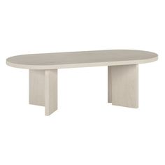 an oval table with two legs and a wooden top, in white wood grain finish