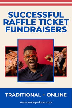 a man with red glasses on his face and the words successful raffle ticket fundraisers