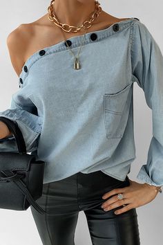 Karlidress Off-shoulder Button Denim Shirt P12680 Red Party Outfit, Blue Streetwear, Denim Style Casual, One Shoulder Shirt, Oversized Denim Shirt, Look Jean, Spring Denim, Camisa Jeans, Long Sleeve Denim Shirt