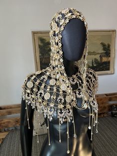 Shoulder Jewellery, Shoulder Jewelry, Shoulder Necklace, Gold Headpiece, Headpiece Jewelry, Metal Lace, Caftan Dress, Leather Fringe, Fantasy Clothing