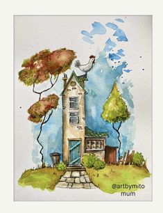 a watercolor painting of a house in the woods