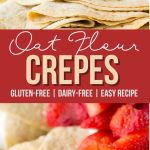 an image of crepes with strawberries in the background and text overlay