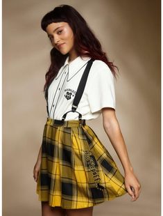 Harry Potter Hufflepuff Pleated Suspender Skirt Hufflepuff Outfit, Harry Potter Hufflepuff, Suspender Skirt, Plus Size Fits, Sweaters And Jeans, Plaid Print, Warner Bros, Suspenders, Badger