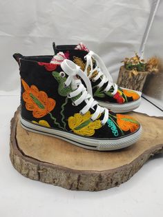 Handmade vintage high top sneakers. Every size available. #hightopsneakers #sneakers #tennisshoes #womenshoes #sportshoes #vintage #womenfashion #forher Casual Embroidered Slip-on Sneakers, Casual Lace-up Sneakers With Appliques, Embroidered Closed Toe Sneakers For Spring, Embroidered Sneakers For Spring, Spring Embroidered Sneakers, High-top Multicolor Embroidered Sneakers, High-top Embroidered Multicolor Sneakers, Spring Embroidered Flat Sneakers, Handmade Multicolor Low-top Sneakers