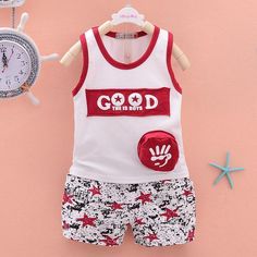 2PCS Fashion Sport Design Top and Pants - PrettyKid Playful Red Summer Sets, Sleeveless Red Set For The Beach, Sleeveless Red Sets For Beach, Red Sleeveless Beach Set, Red Sleeveless Beachwear Sets, Red Cotton Beach Sets, Red Cotton Beachwear Sets, Red Playwear Sets For Summer, Red Summer Playwear Sets