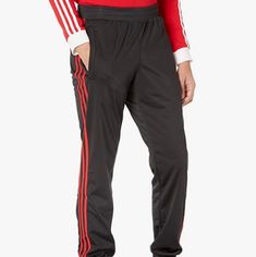 Adidas 2 Pair Of Smalls Available -Description: Mens Split Firebird Track Pants. Elastic Waist. Logo On Rear. 3 Stripes Down Sides. Zippered Pockets At Side Hips. Cuffed Bottom Hems. -Color: Black/Red -Size: Small ( 2 Pairs Available) -Condition: New With Tags Casual Red Pants With Three Stripes, Adidas Red Cotton Pants, Black Adidas Pants, Adidas Track Pants Mens, Track Pants Mens, Adidas Sweatpants, Striped Sweatpants, Adidas Windbreaker, Adidas Track Jacket