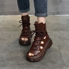 These sandals are designed in a retro style with 60 mm chunky heel. Made from soft leather, soft bottom that ensure all-day comfort. Wear yours with tailoring and denim alike. Color: Brown/BlackMaterial: Top layer leatherLining: No, Just cow leather the other sideInsole: PUSole: PU foamHeels: 6Cm/2.36"Tube Height: 13.5cm/5.32" Fit: Medium to Wide, Runs Normal.Origin: Made in China Production Time: About 3-5 days (Any exceptional case will email you, Please pay attention to your email left) Shipp Buckle Ankle Boots, Chunky Sandals, Leather Block Heels, Comfort Wear, Leather Texture, Spring Shoes, Womens Boots Ankle, Block Heels Sandal, Chunky Heel