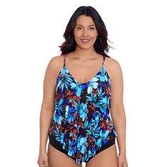 Splish and splash in style with this women's Trimshaper Ruffled Tankini swim top.Click on this WOMEN'S GUIDE to find the perfect fit and more! Splish and splash in style with this women's Trimshaper Ruffled Tankini swim top.Click on this WOMEN'S GUIDE to find the perfect fit and more! FEATURES V-neck Adjustable straps Sculps, smooths and supports Soft, wireless bra cups Moderate coverage LinedFABRIC & CARE Nylon, polyester, spandex Lining: Polyester Hand wash Imported Size: 10. Color: Nocturnal Tropical Vacation Tankini, Stretch Tropical Tankini, Fitted Tropical Print Tankini For Pool, Fitted Tops For Poolside Vacation, Printed Beachwear Tops For Pool, Multicolor Beachwear Tops For Pool, Fitted Tops For Sunbathing On Vacation, Tropical Triangle Top For Swimming, Tropical Print Tops For Pool