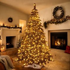 a lit christmas tree in a living room