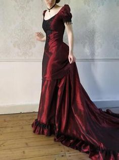 Vintage Wedding Dresses Red Satin Black Lace Sweep Train Bridal Gowns  | eBay Red Victorian Dress, 1800s Dresses, Victorian Ball Gowns, Victorian Ball, Victorian Era Dresses, Victorian Wedding Dress, Victorian Gown, Womens Costumes, Bustle Dress