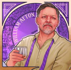 a drawing of a man holding a glass in front of a purple and white background