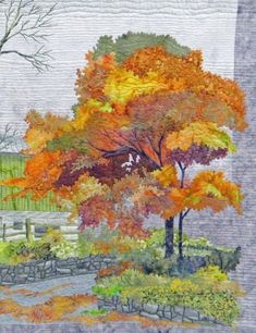 a painting of trees in the fall colors