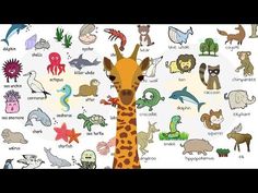 a giraffe standing in front of a wall with different types of animals on it